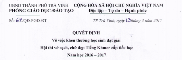 QĐ khen thưởng học sinh đạt giải Hội thi Vở sạch, chữ đẹp tiếng Khmer cấp tiểu học
